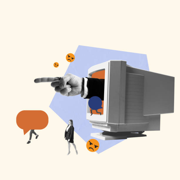 istock Contemporary art collage. Male hand sticking out retro computer screen, controlling employees, showing dissatisfaction of working process 1399376613