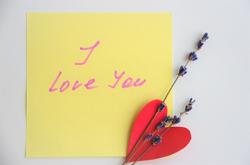 note with the inscription I love you with heart and lavender. High quality photo
