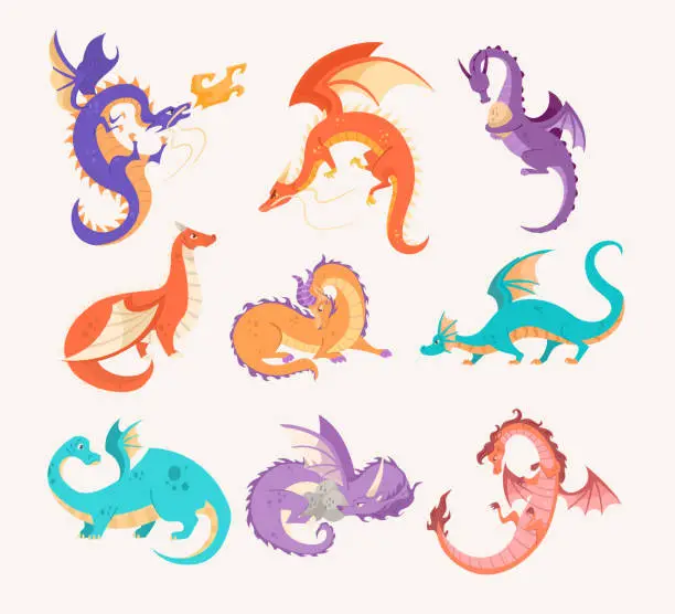 Vector illustration of Colorful dragons on white background cartoon illustration set