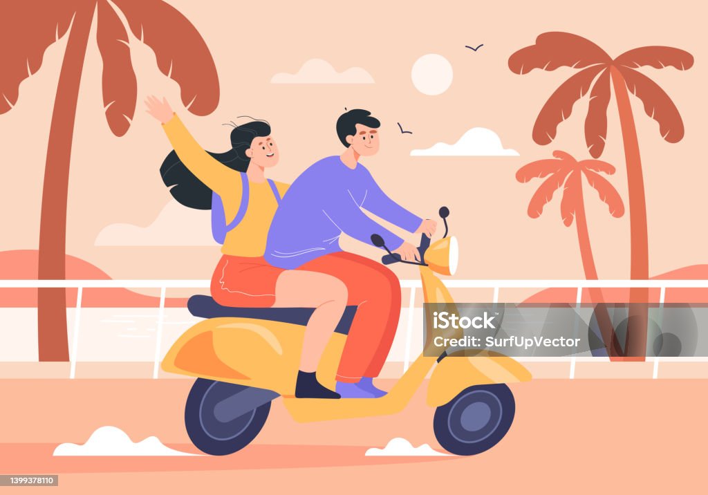 Couple Ride Vector Couple Travelling By Bike Flat Vector Illustration Stock Illustration ...