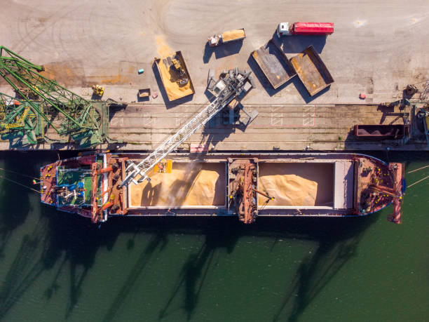 verladung von frachtschiffen im hafen bei sonnenuntergang - coal crane transportation cargo container stock-fotos und bilder