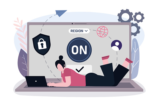 Woman use VPN to protect personal data in laptop. App for secure internet connection, data encryption. Security protocol and privacy protection. Virtual private network connection. Vector illustration