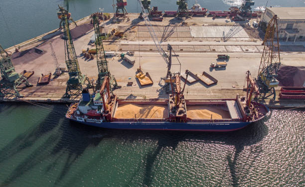 cargo ship loading in port at sunset - coal crane transportation cargo container imagens e fotografias de stock