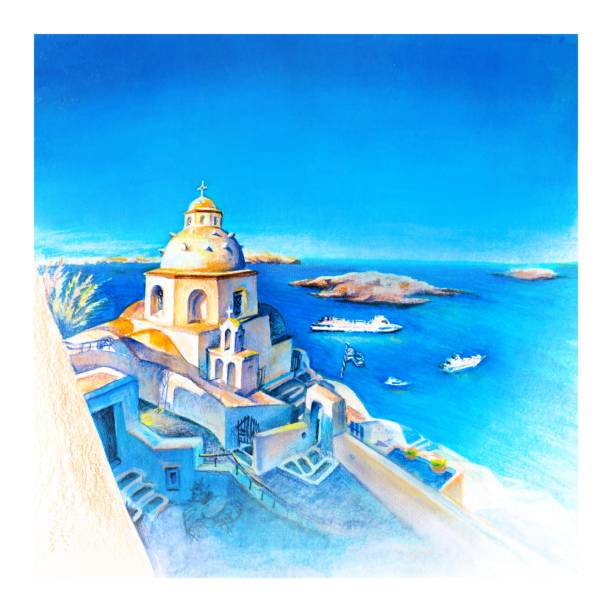 Fira, main town of Santorini, Greece Watercolor sketch of Fira, modern capital of the Greek Aegean island, Santorini santorini stock illustrations