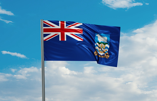 Falkland Islands national flag waving in the wind. Sky background 3D illustration