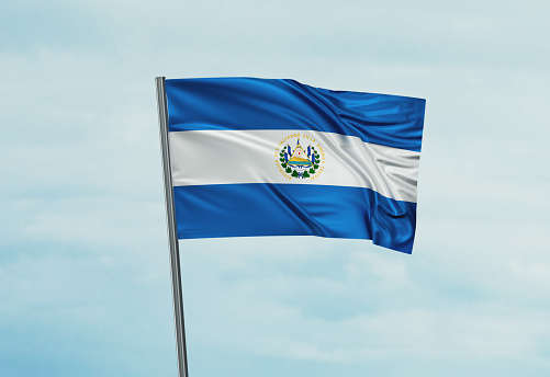 El Salvador national flag waving in the wind. Sky background 3D illustration