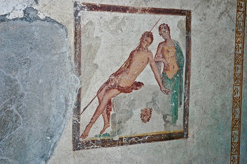 Mural painting in the house of the Mysteries. With colors different from the classic Pompeian colors.