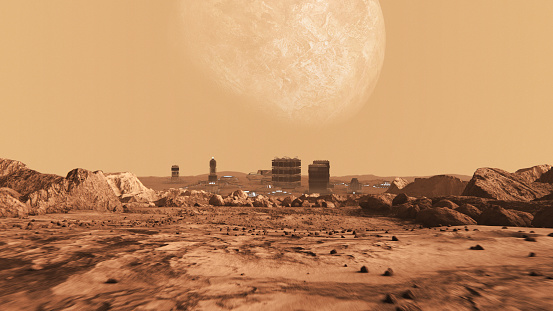 Mars space outpost or an alien colony in arid red desert. Space program mission. NASA Public Domain Imagery