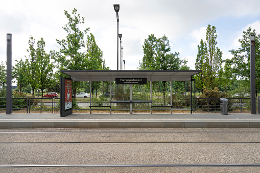 Luxembourg city, May 2022. A view of the sign of  Europaparlament tram stop in the city center\