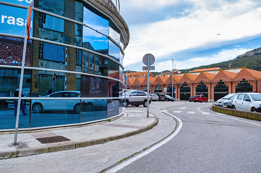 Santonia, Cantabria, Spain - Matrh 12, 2022: The building of the fish market on the port Santonia in northern Spain