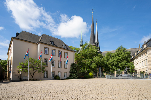 Luxembourg city, May 2022. The entrance gate to the Ministry of State building in the city center