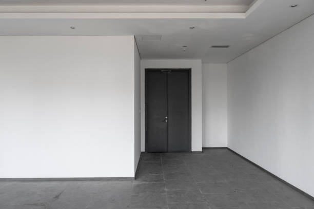 Glass conference room interior with chairs and board, hardwood floor. Minimalist negotiation space and panoramic window on Singapore skyscrapers. Mock up empty wall partition. 3D rendering