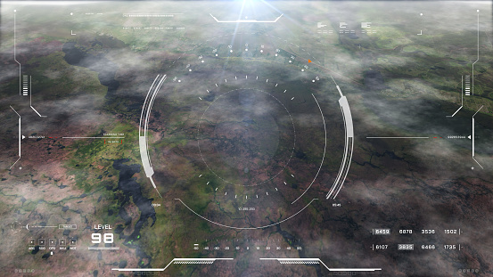 Hud Futuristic Aerial Surveillance Flyover Mystery Mountain for Enemy Target Checking. Digital Ui Security Technology Landscape Scanning Illustration Infographic Futuristic Background.