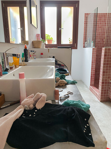 Chaos and disorder in the bathroom of a teenager girl