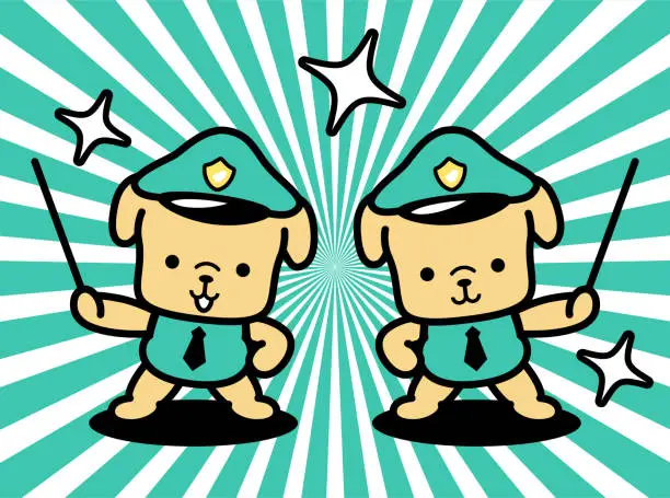 Vector illustration of Two cute dog police officers are holding a pointer stick and giving a presentation and standing with one hand on the hip