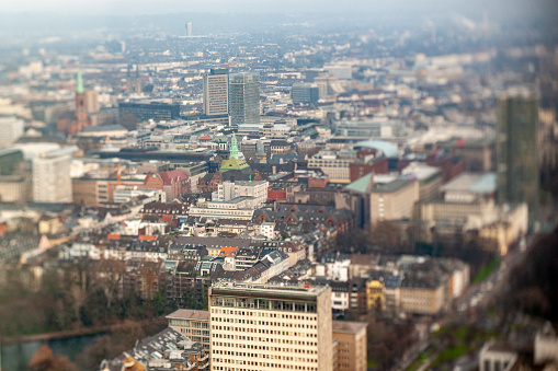 aerial view on Dusseldorf seen from the Rheinturm Tower, shot with shift tilt lens