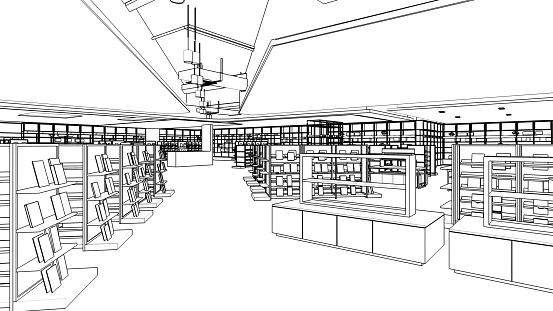 line drawing of book shop,Modern design,3d rendering