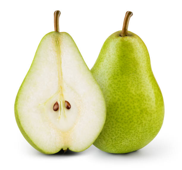 istock Pears isolated. One and a half green pear fruit on white background. Pear slice. With clipping path. Full depth of field. 1399396358