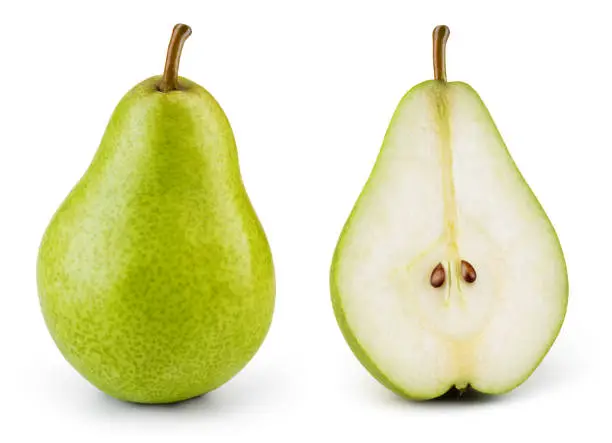 Photo of Pear isolated. One whole green pear and a half of fruit on white background. Pear slice. With clipping path. Full depth of field.