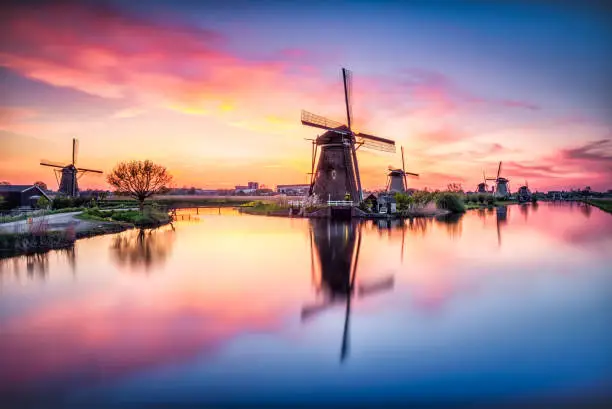 Netherlands rural lanscape with windmills at famous tourist site Kinderdijk in Holland on sunset with a candid dramatic red sky reflected on water