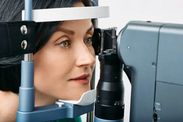 Woman getting vision test with binocular slit-lamp at ophthalmology clinic. Checking retina of female eye , close-up