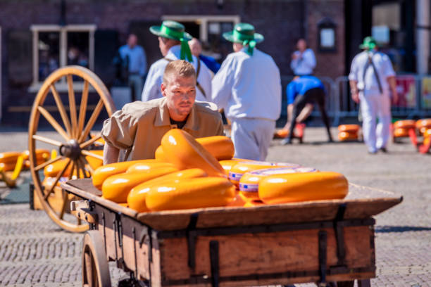 April 22, 2022 - Alkmaar, The Netherlands: Carriers walking with cheese at a famous Dutch cheese market.