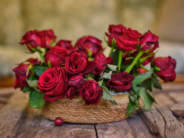 Valentines day concept background. Roses, gifts, romantic decorations. Place for text.