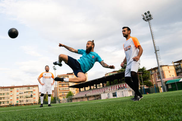 istock An athlete is doing a half overhead kick in the penalty area 1399402212