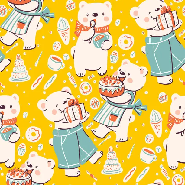 Vector illustration of Seamless pattern with funny cartoon bears