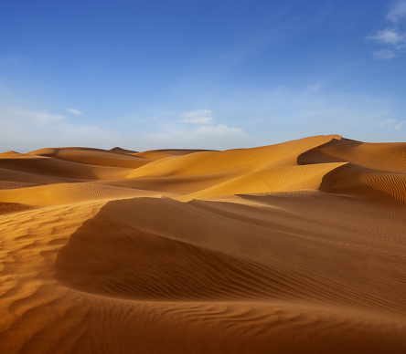 Sand blowing over sand dunes in wind, Sahara desert