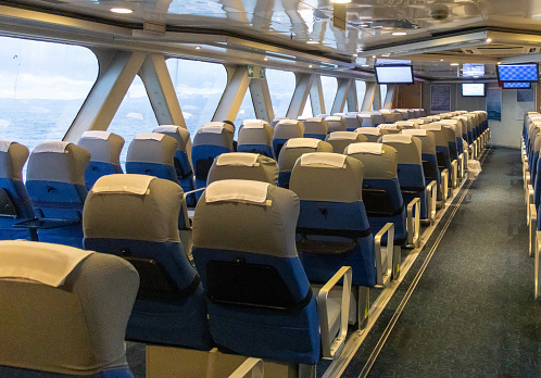 Empty passenger seats in a cruise ship. Sea passenger transport