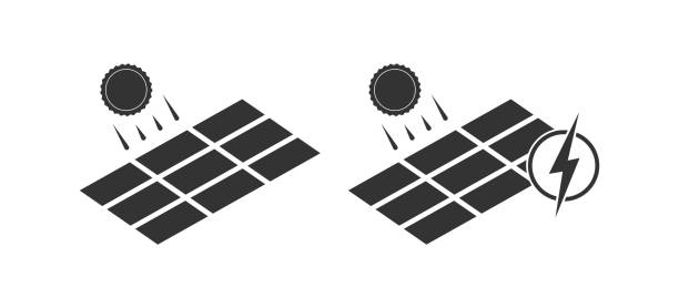 sonnenkollektoren symbol. elektrizität sonnenenergie symbol. unterschreiben sie den blitzvektor. - solar power station solar panel sun house stock-grafiken, -clipart, -cartoons und -symbole