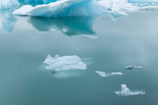 Jokulsarlon, a glacial lagoon with icebergs in southern Iceland. Jokulsarlon formed around 1935 and the size of the lake keeps increasing due to the melting glaciers.