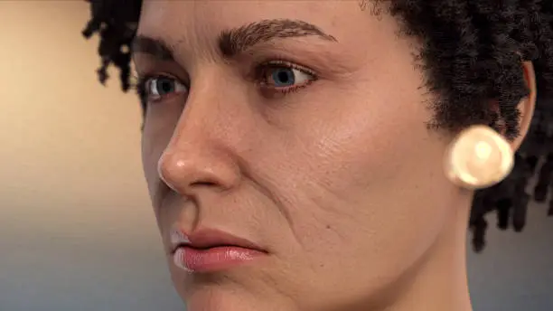 Drop of collagen cream come to face with wrinkled of older woman with 3d rendering.