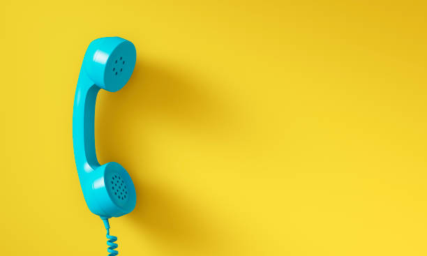 Blue vintage phone on yellow background 3D illustration telephone receiver stock pictures, royalty-free photos & images