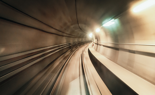 Personal perspective of motion blur in a subway tunnel in Copenhagen at speed.