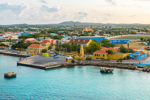 Landscape with colorful buildings and old fort at the harbour of Kralendijk, Bonaire Island, Lesser Antilles, ABC Islands.