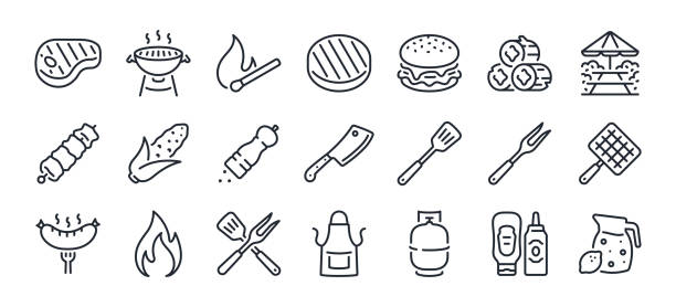 バーベキューバーベキューとグリル関連の編集可能なストロークアウトラインアイコンは、白い背景フラットベクターイラストに分離して設定されています。ピクセルパーフェクト。64 × 64� - barbecue grill barbecue burger hamburger点のイラスト素材／クリップアート素材／マンガ素材／アイコン素材