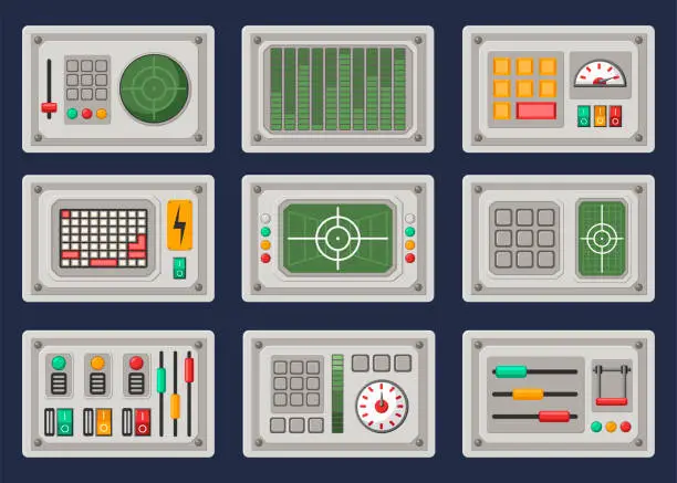 Vector illustration of Different control panels cartoon illustration set