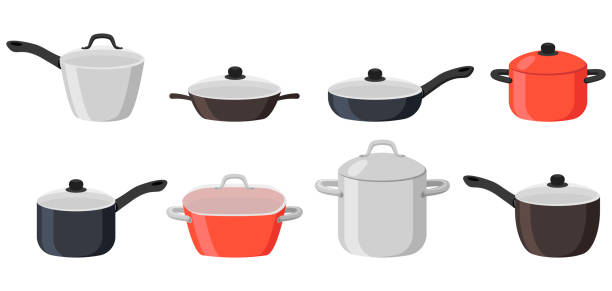 ilustrações, clipart, desenhos animados e ícones de frigideiras e panelas conjunto de ilustração de desenho animado - saucepan