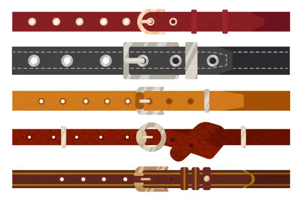 Vector illustration of Leather belts or straps with metal buckles