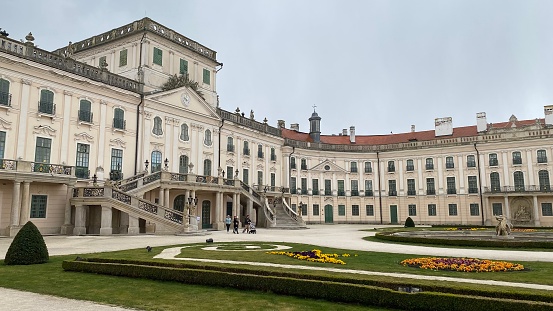 Fertőd, Hungary – April 10, 2022: Panoramic of Esterházy-kastély (En: Esterházy Castle), a palace in Fertőd, Hungary, built by Prince Nikolaus Esterházy in 1762.