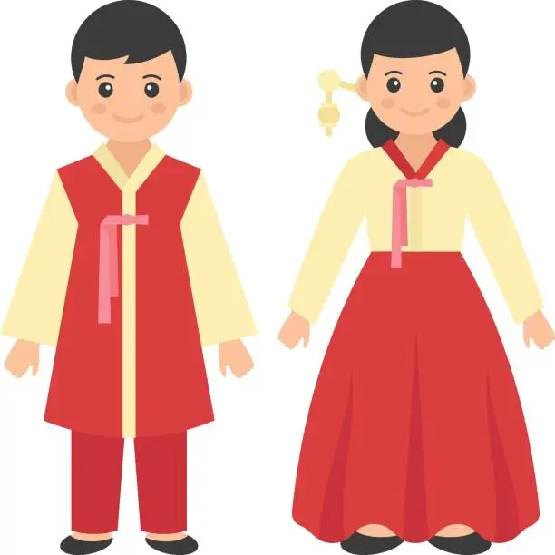 Vector illustration of Korean couple standing together Concept, formal wear Hanbok vector color icon design, World Indigenous Peoples symbol, characters in casual clothes Sign, traditional dress stock illustration