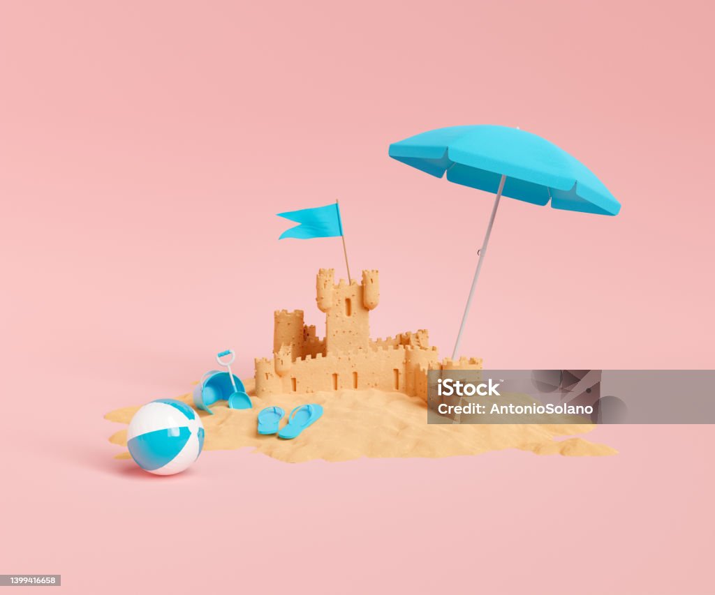 sand castle on red studio background sand castle with sunshade and beach toys around on red studio background. 3d rendering Beach Stock Photo