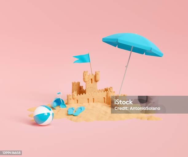 Sand Castle On Red Studio Background Stock Photo - Download Image Now - Beach, Three Dimensional, Summer