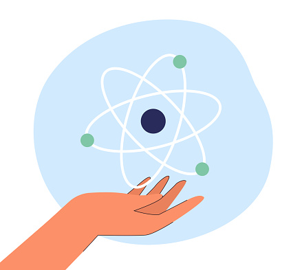 Hand with symbol of science. Metaphor for scientific research or experiment flat vector illustration. Education, knowledge, science concept for banner, website design or landing web page