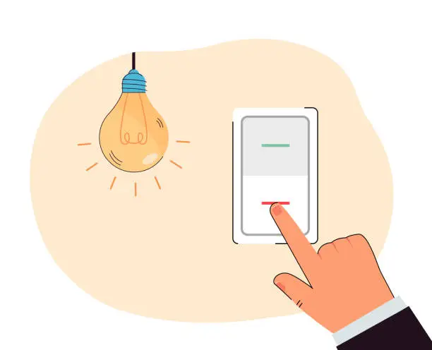 Vector illustration of Hand of businessman turning on light bulb