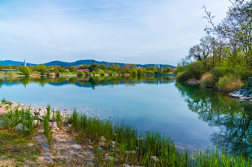 Germany, Freiburg im Breisgau city park seepark calm water in spring, a beautiful nature landscape inside the city in black forest