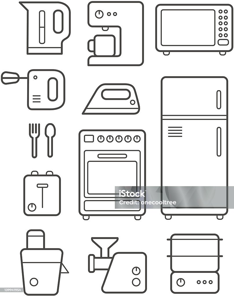 Kitchen Technics Icons Set Vector icons set for web or print usage representing kitchen devices and tools. This kit can be used as an ornamental pattern as well. One of the four part icons collection. Refrigerator stock vector
