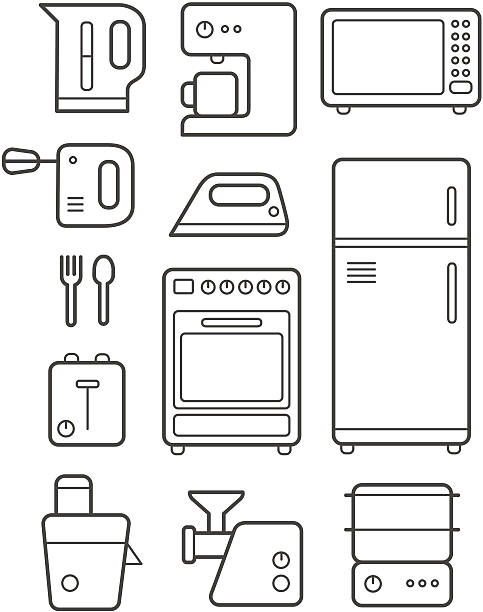 Kitchen Technics Icons Set Vector icons set for web or print usage representing kitchen devices and tools. This kit can be used as an ornamental pattern as well. One of the four part icons collection. iron steam stock illustrations